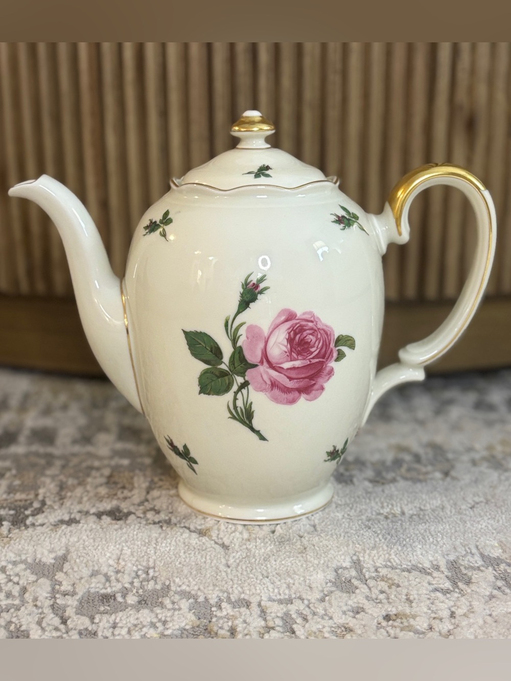 Vintage KPM Krister Germany Porcelain Teapot Pink Rose Gold Trim Mid-Century Mod